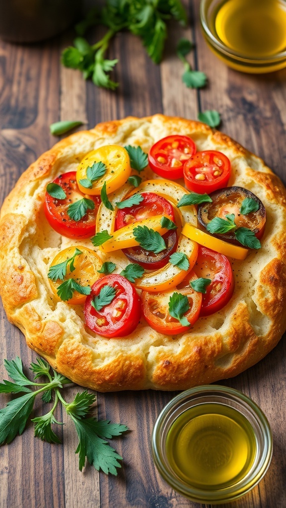 Artistic focaccia bread topped with vegetables and herbs on a wooden table.